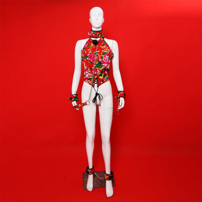 Adult SM Bondage Kits Sex Toys for Couples Floral Cloth Handcuffs Ankle Cuffs Neck Set Mouth Gag Corset Bellyband BDSM Flirt Toy