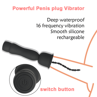 Mushroom Head 16-frequency Vibration Urethral Stick Rechargeable Massage Male Silicone Penis Time-lapse Training Exercise Black