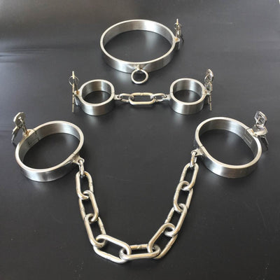 Stainless Steel Slave Flirt Wrist Handcuffs Ankle Cuffs Neck Collar Chain BDSM Shackle Bondage Invisiable Lock Fetish Sex Toys